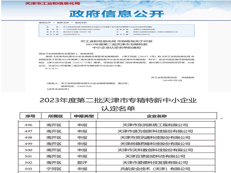 天津市专精特新中小企业认定名单